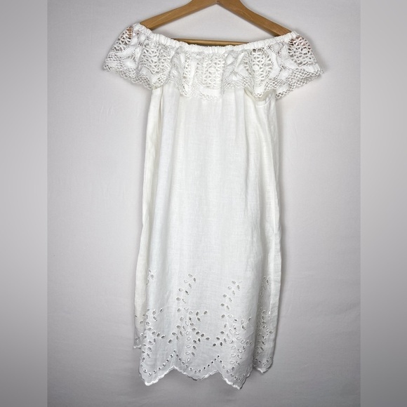Ersilia Sz. S 100% linen handmade off the shoulder white lace and crochet dress - Picture 4 of 12
